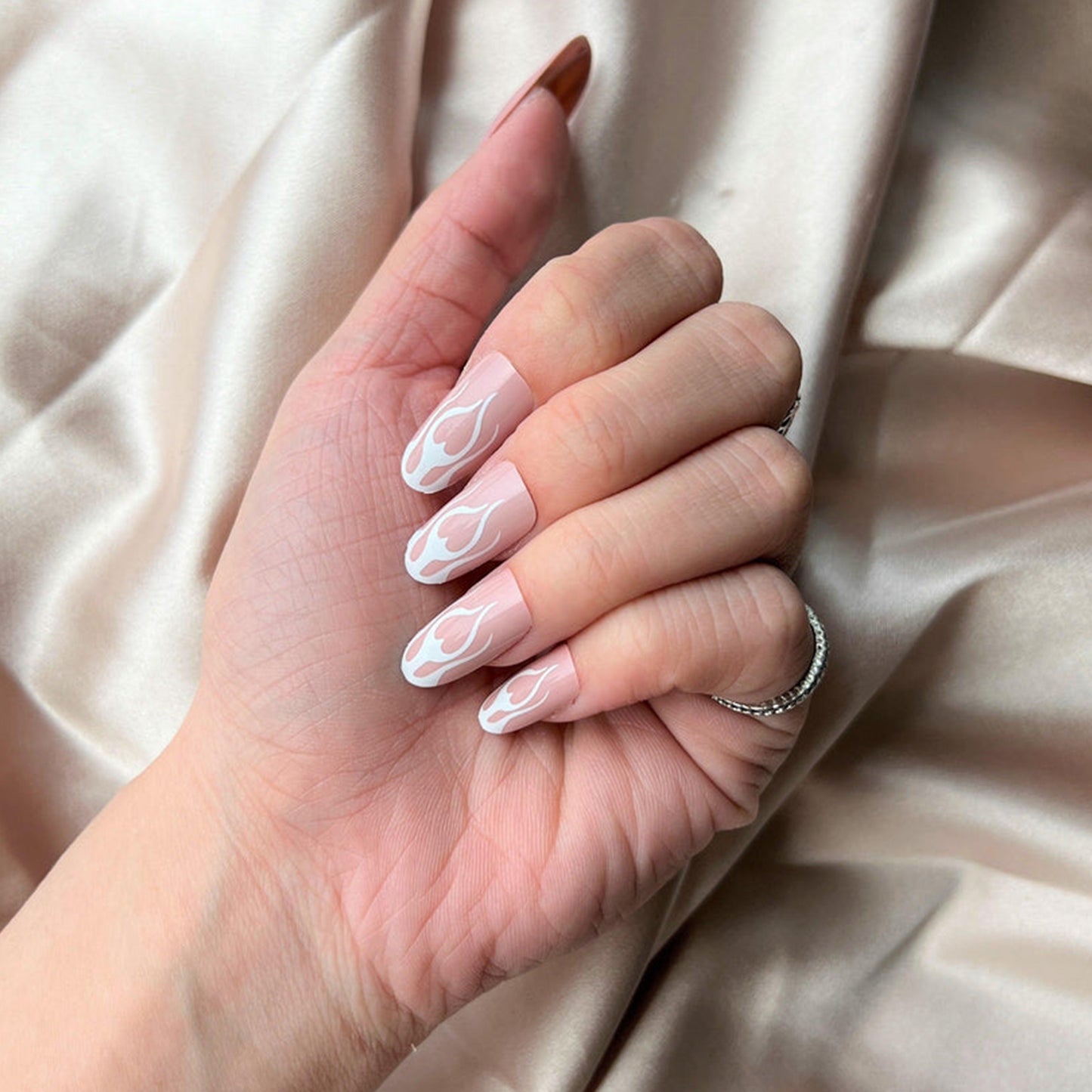 Stylish White Flame Long Almond Press-On Nails