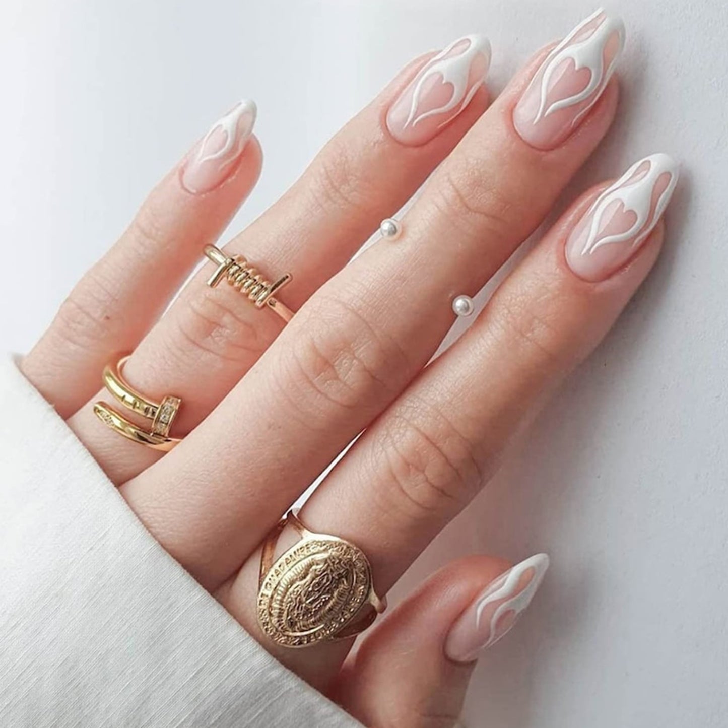 Stylish White Flame Long Almond Press-On Nails