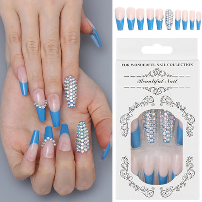 Luxurious Blue Full Diamond Long Press-on Nails