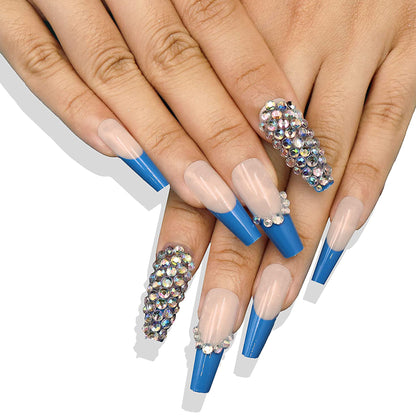 Luxurious Blue Full Diamond Long Press-on Nails