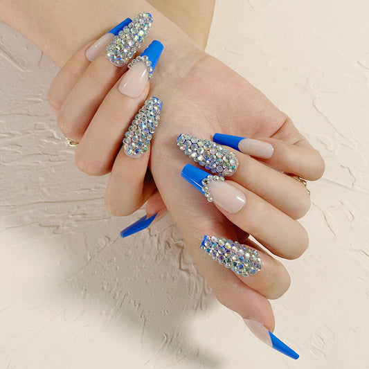 Luxurious Blue Full Diamond Long Press-on Nails