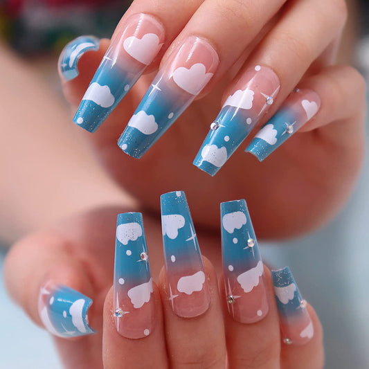 Glossy Blue Sky Clouds Long Ballet Press-on Nails