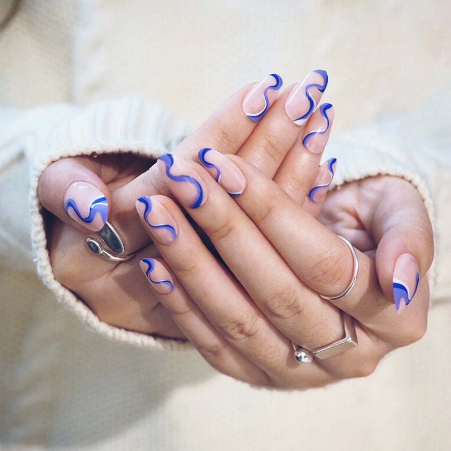 Unique Blue Swirl Almond Press-On Nails