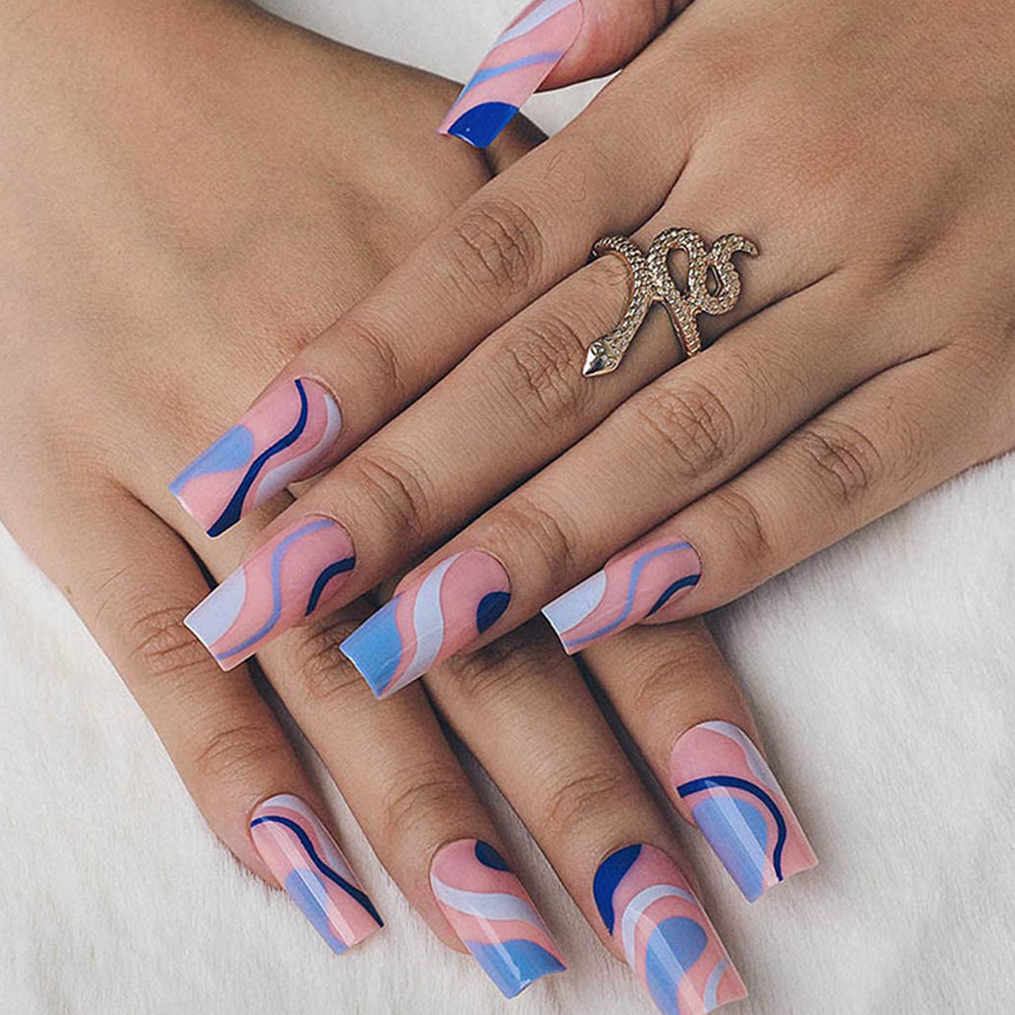 Unique Blue Swirls Medium Almond Press-on Nails