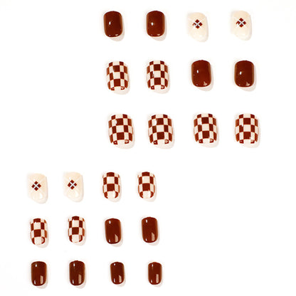 Trendy Brown White Checkerboard Press-on Nails