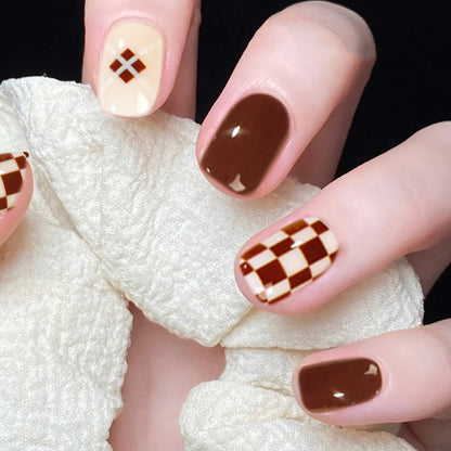 Trendy Brown White Checkerboard Press-on Nails