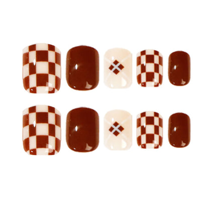 Trendy Brown White Checkerboard Press-on Nails