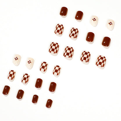 Trendy Brown White Checkerboard Press-on Nails