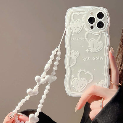 Cute Love Pattern Case with Heart Beaded Lanyard for Apple iPhone