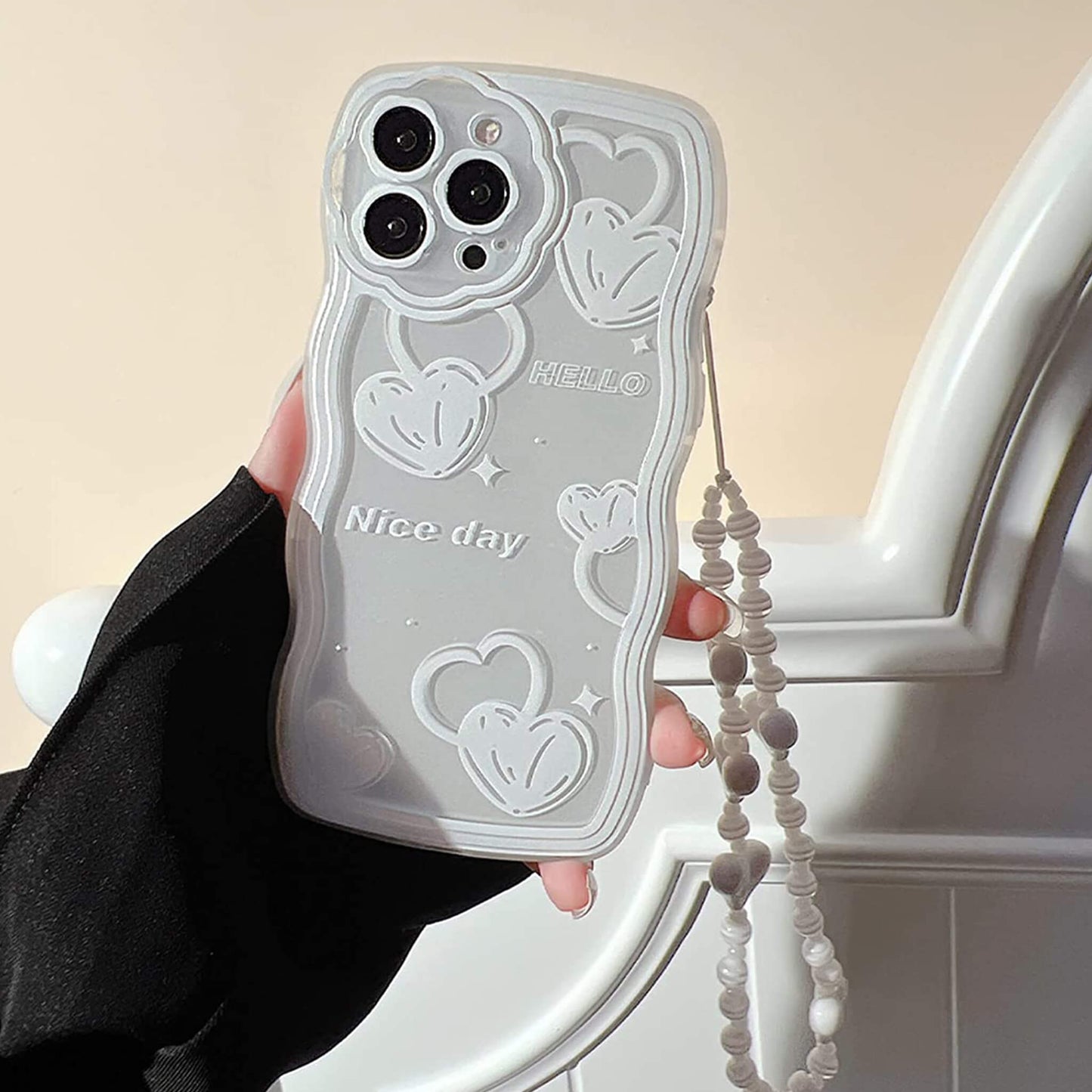 Cute Love Pattern Case with Heart Beaded Lanyard for Apple iPhone