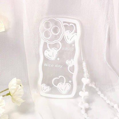 Cute Love Pattern Case with Heart Beaded Lanyard for Apple iPhone