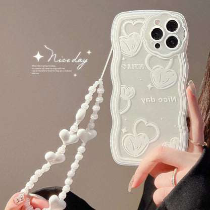 Cute Love Pattern Case with Heart Beaded Lanyard for Apple iPhone