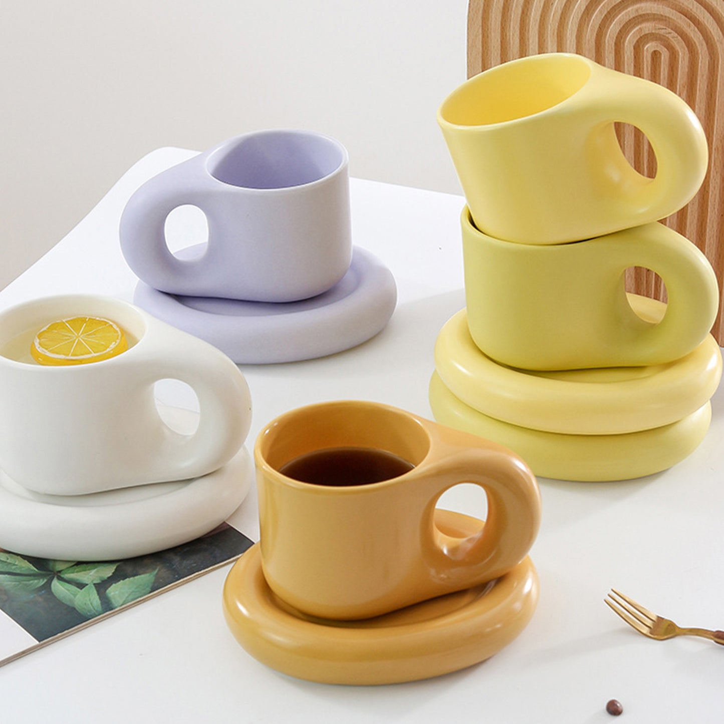 Curvy Ceramic Coffee Mug Saucer Set Espresso Dirnkware