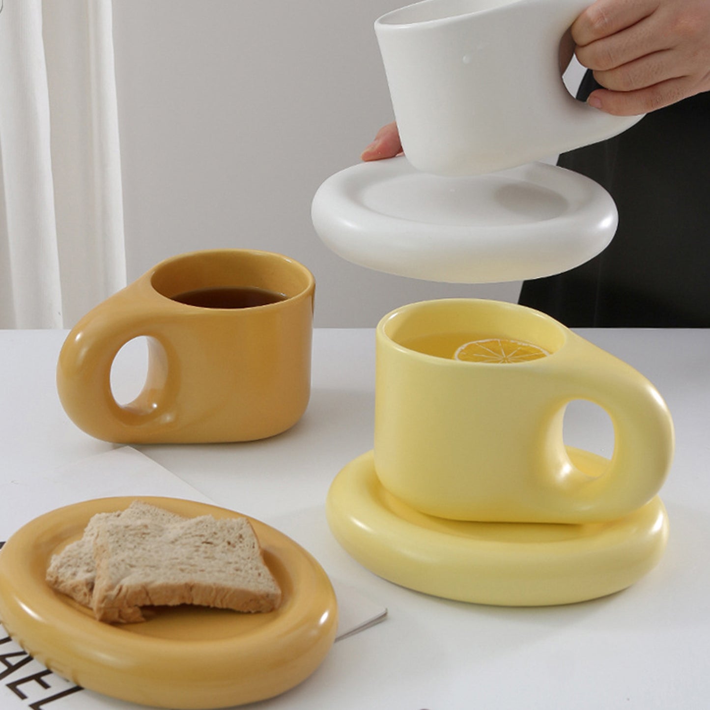 Curvy Ceramic Coffee Mug Saucer Set Espresso Dirnkware