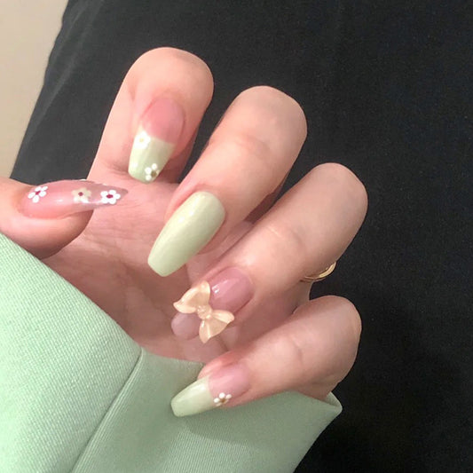 French Green Pink Flower Medium Press-on Nails