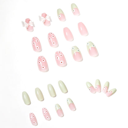 French Green Pink Flower Medium Press-on Nails