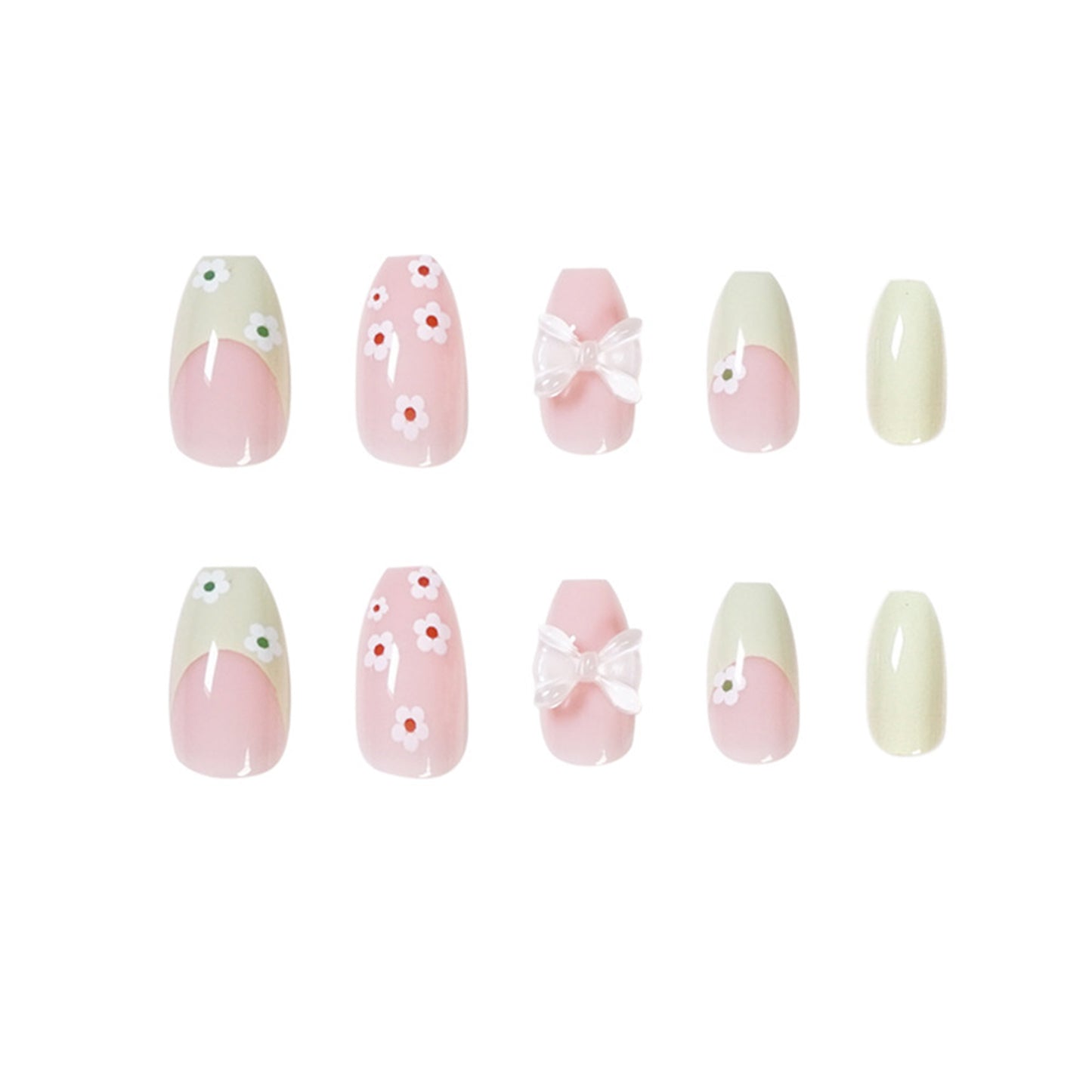 French Green Pink Flower Medium Press-on Nails