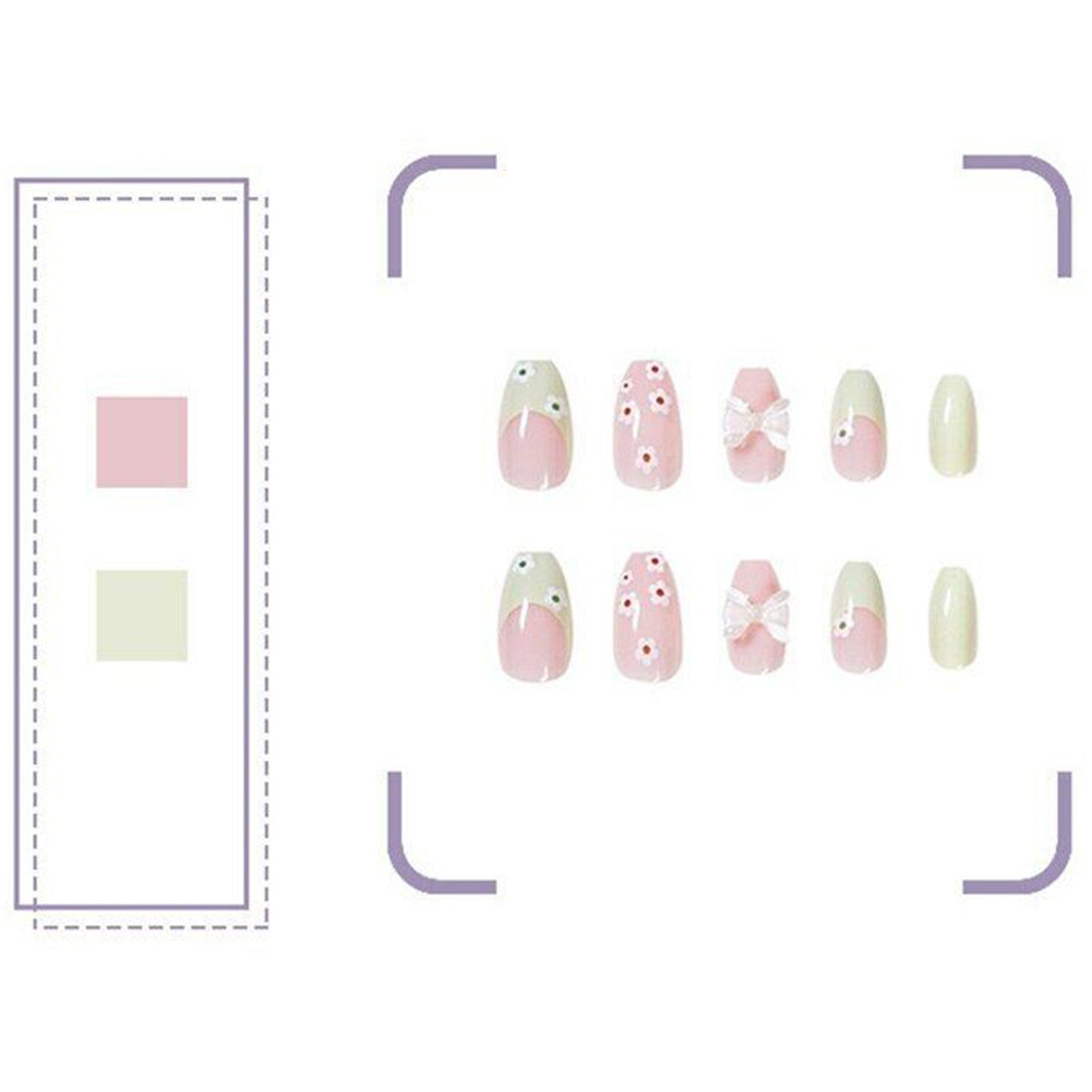 French Green Pink Flower Medium Press-on Nails