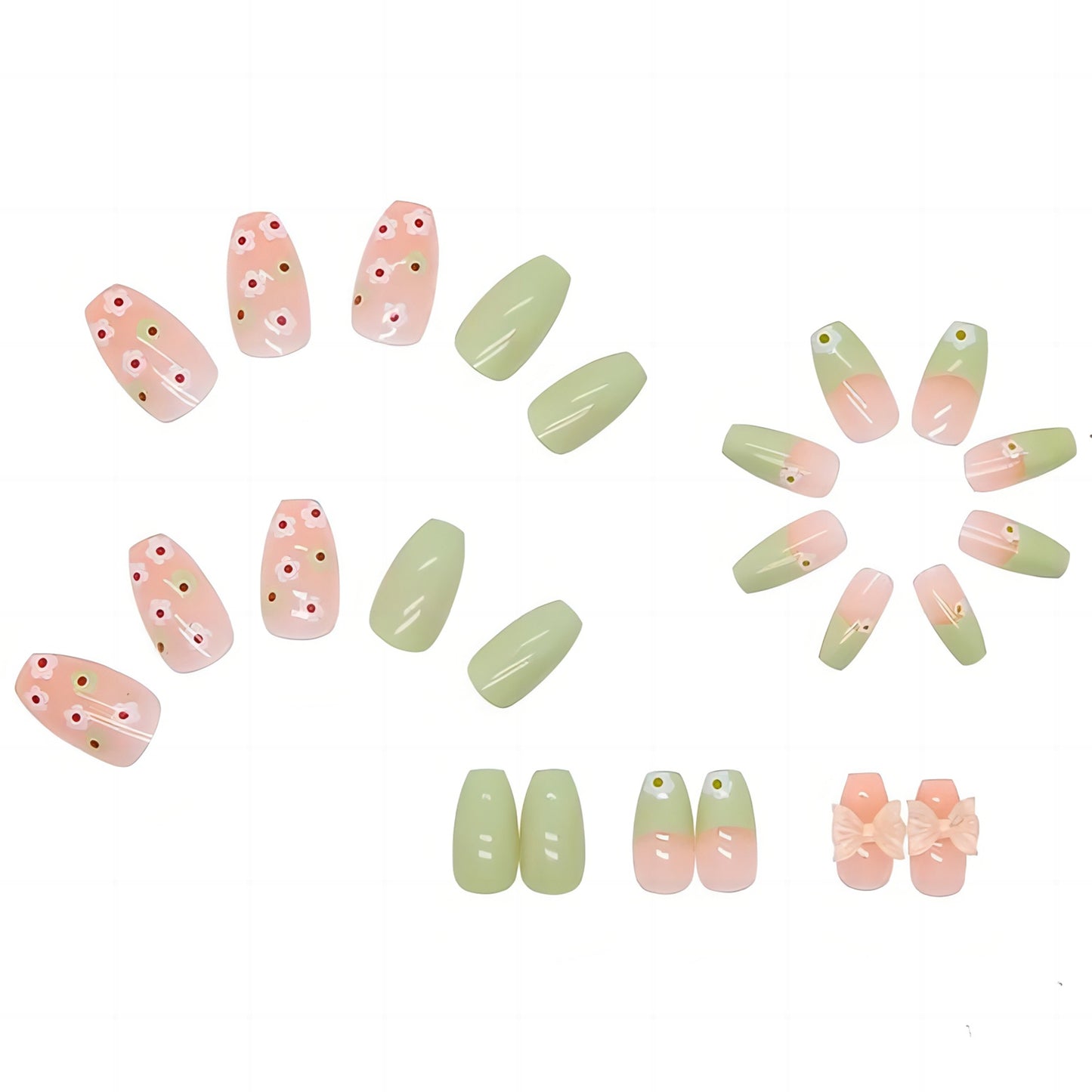 French Green Pink Flower Medium Press-on Nails