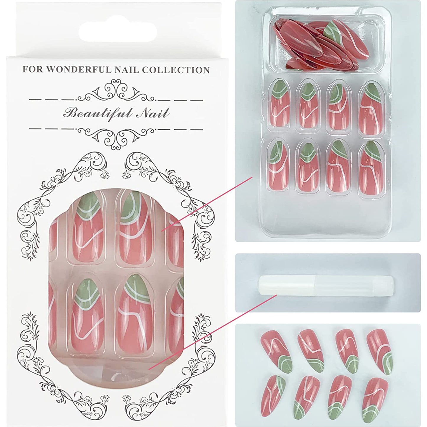 French Swirls Medium Press-On Nails 24 Pcs