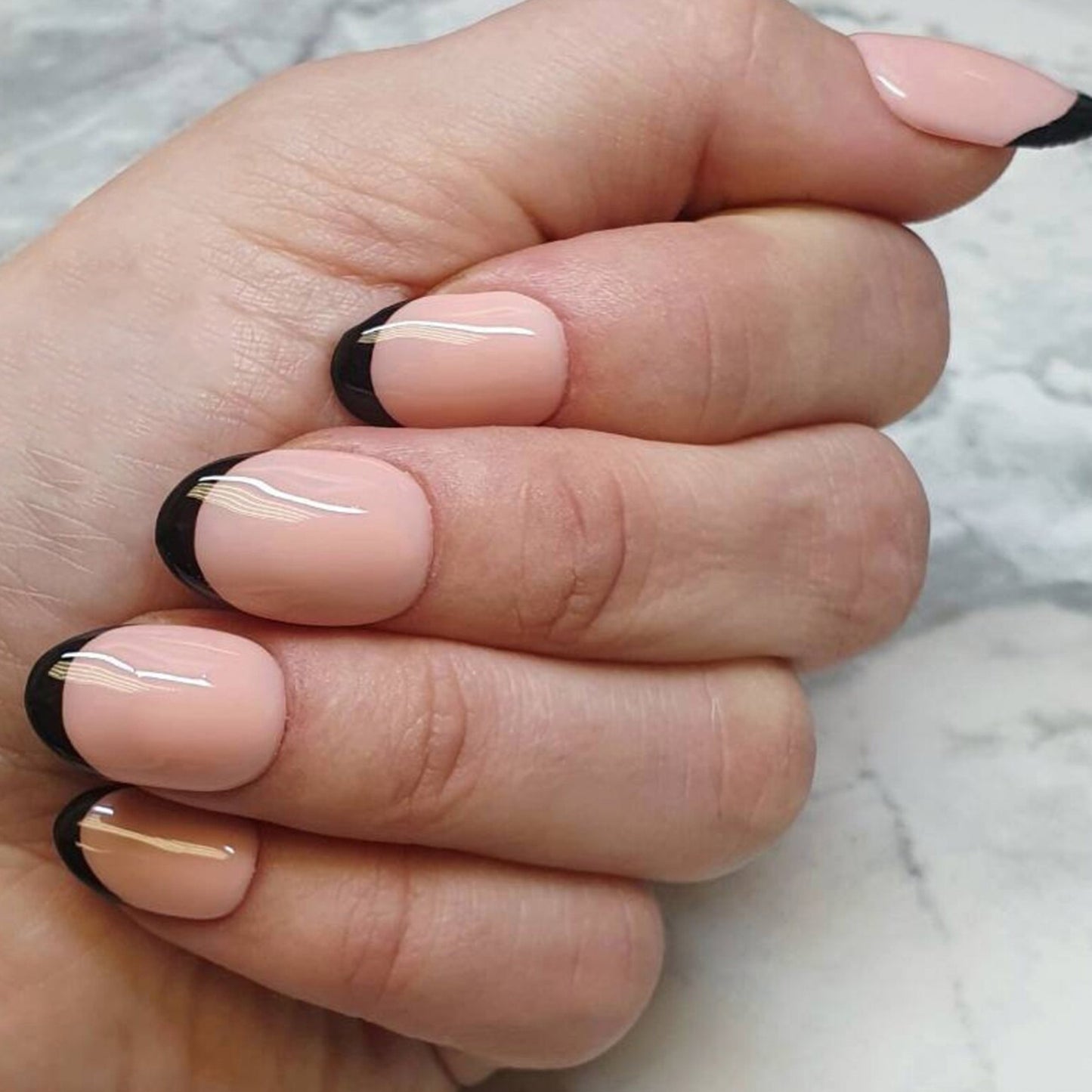 French Tip Black Edge Short Oval Press-On Nails