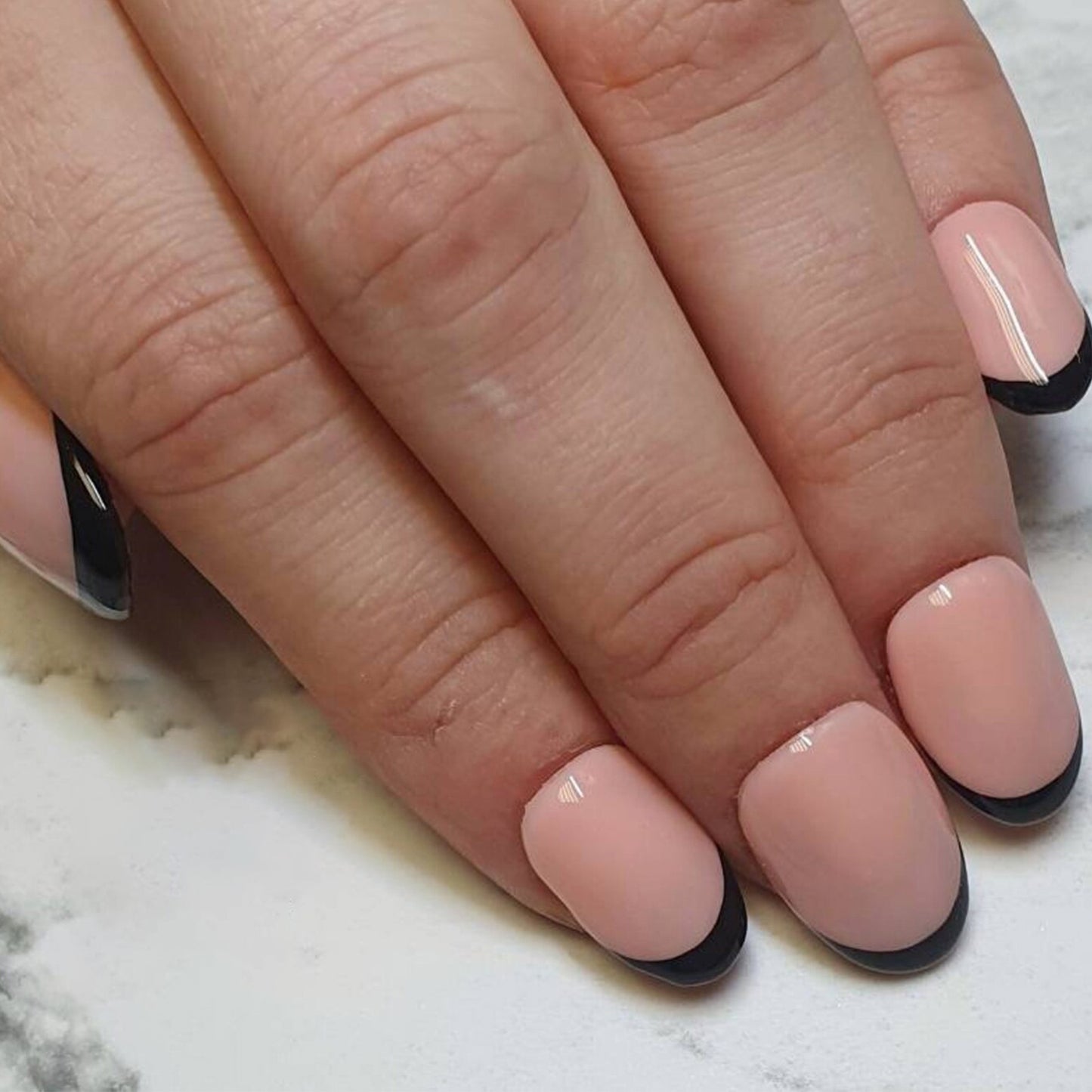 French Tip Black Edge Short Oval Press-On Nails