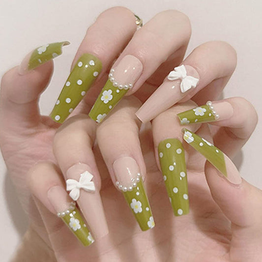 Glossy Green Long Ballerina Press on Nails