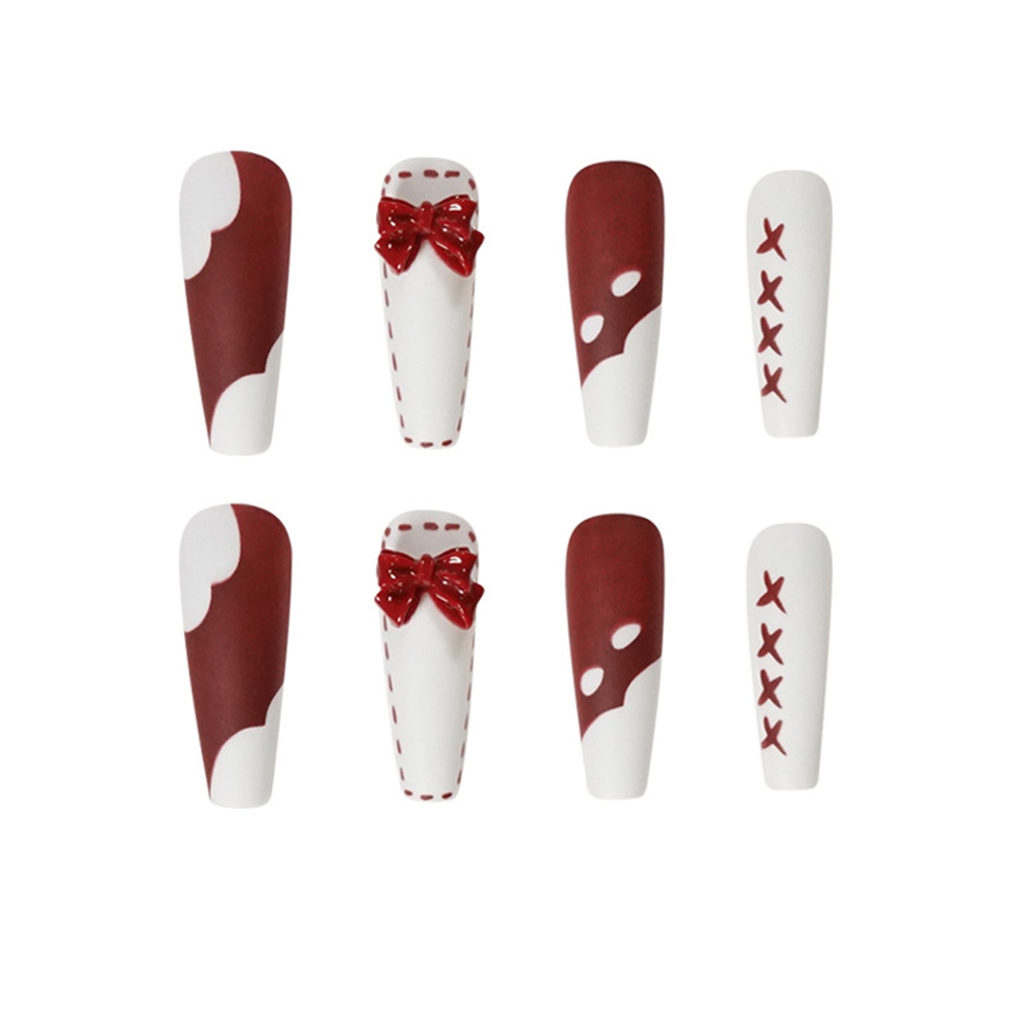 Matte Red and White Long Ballerina Press-on Nails