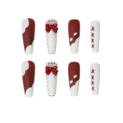 Matte Red and White Long Ballerina Press-on Nails