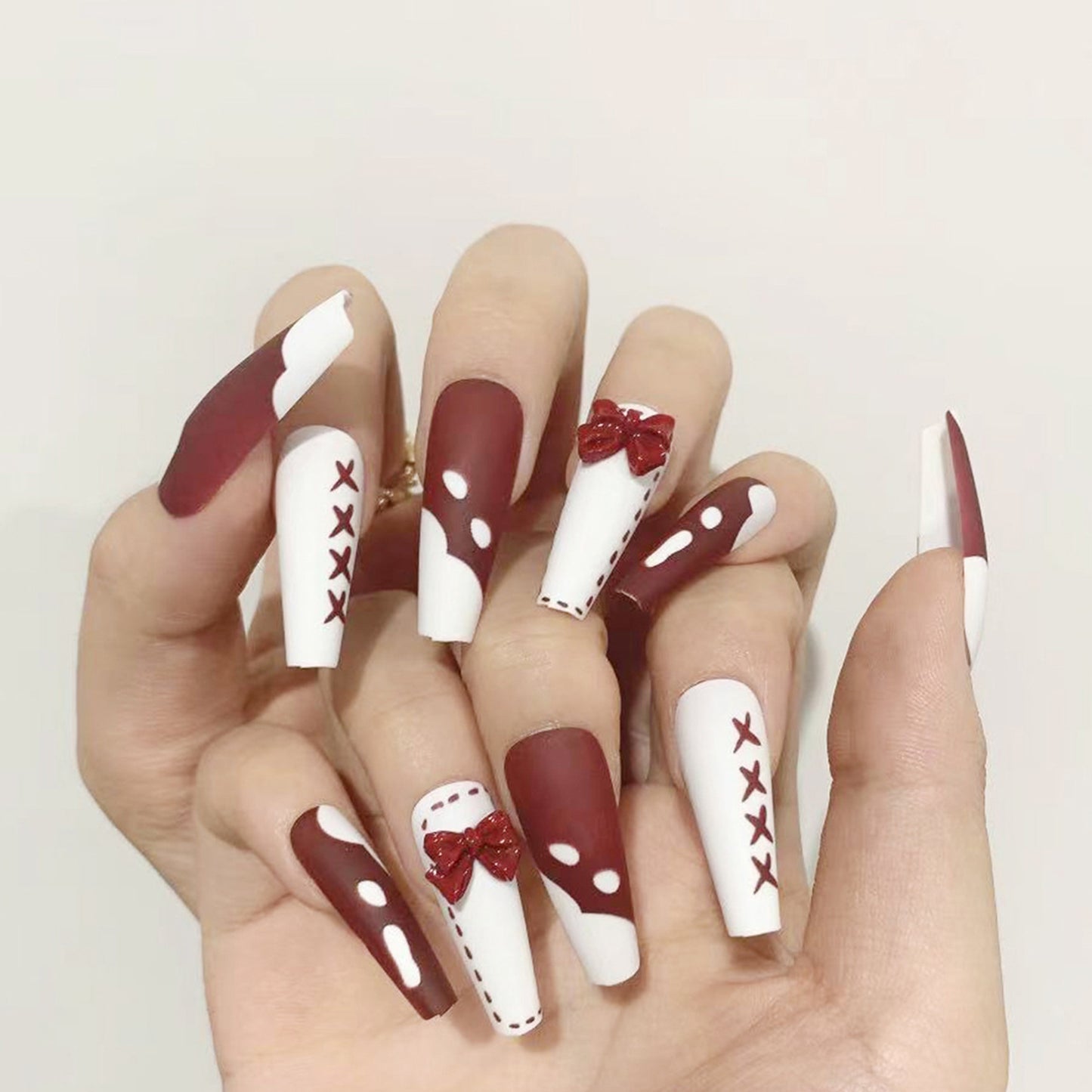 Matte Red and White Long Ballerina Press-on Nails