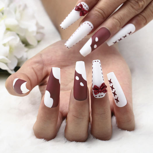 Matte Red and White Long Ballerina Press-on Nails