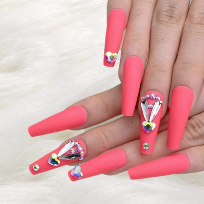 Rhinestones Matte Pink Long Ballerina Press-on Nails