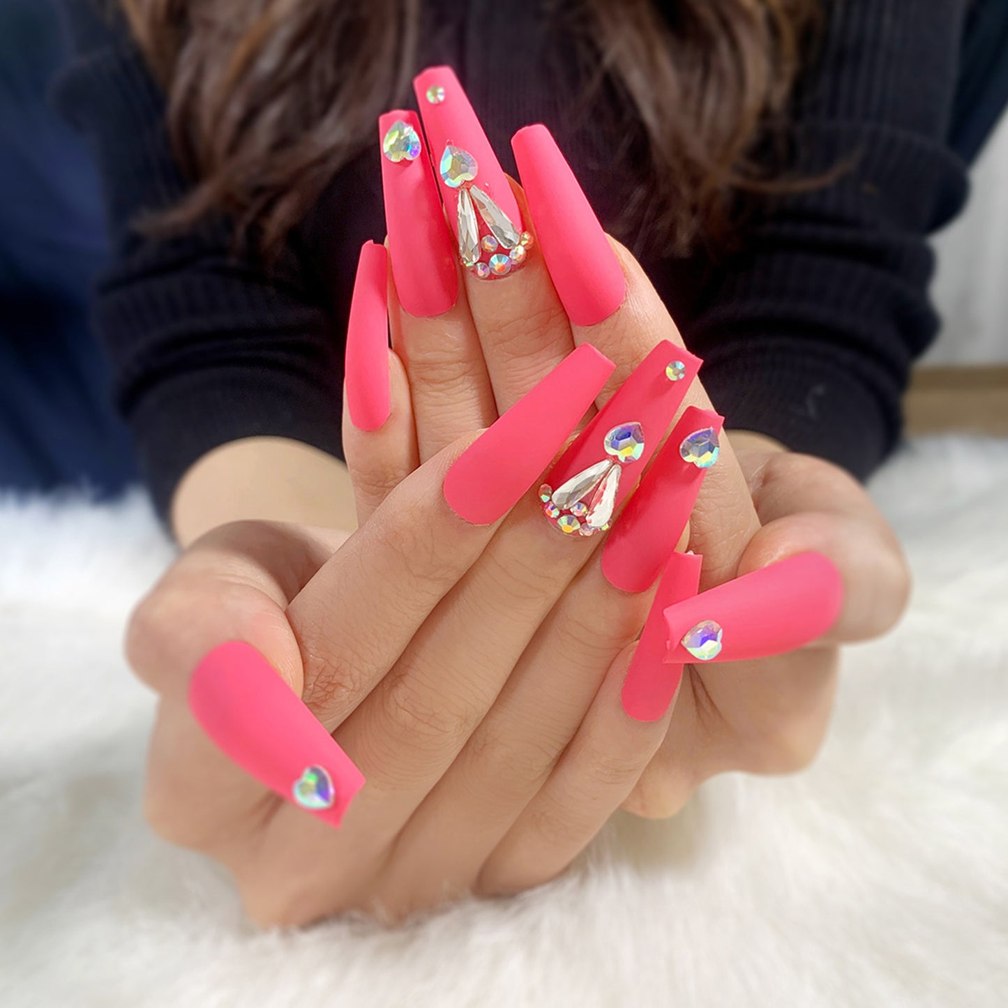 Rhinestones Matte Pink Long Ballerina Press-on Nails