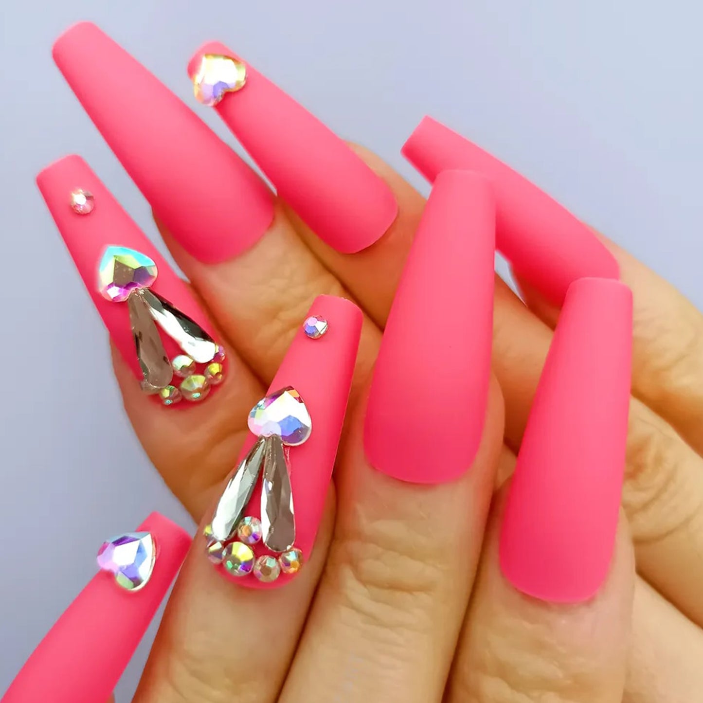 Rhinestones Matte Pink Long Ballerina Press-on Nails