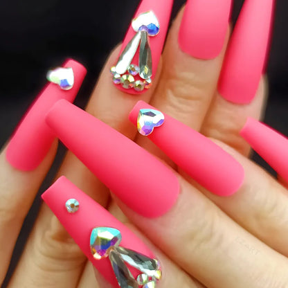 Rhinestones Matte Pink Long Ballerina Press-on Nails