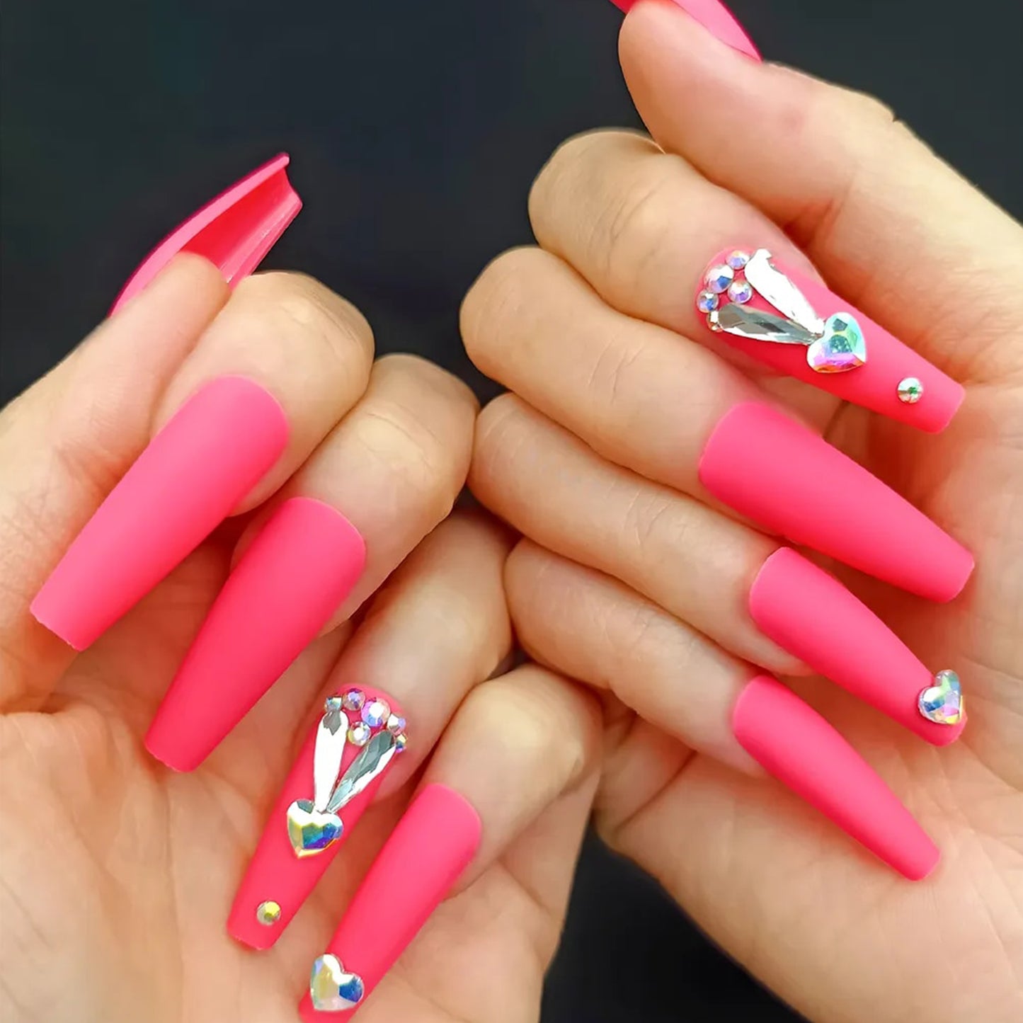 Rhinestones Matte Pink Long Ballerina Press-on Nails