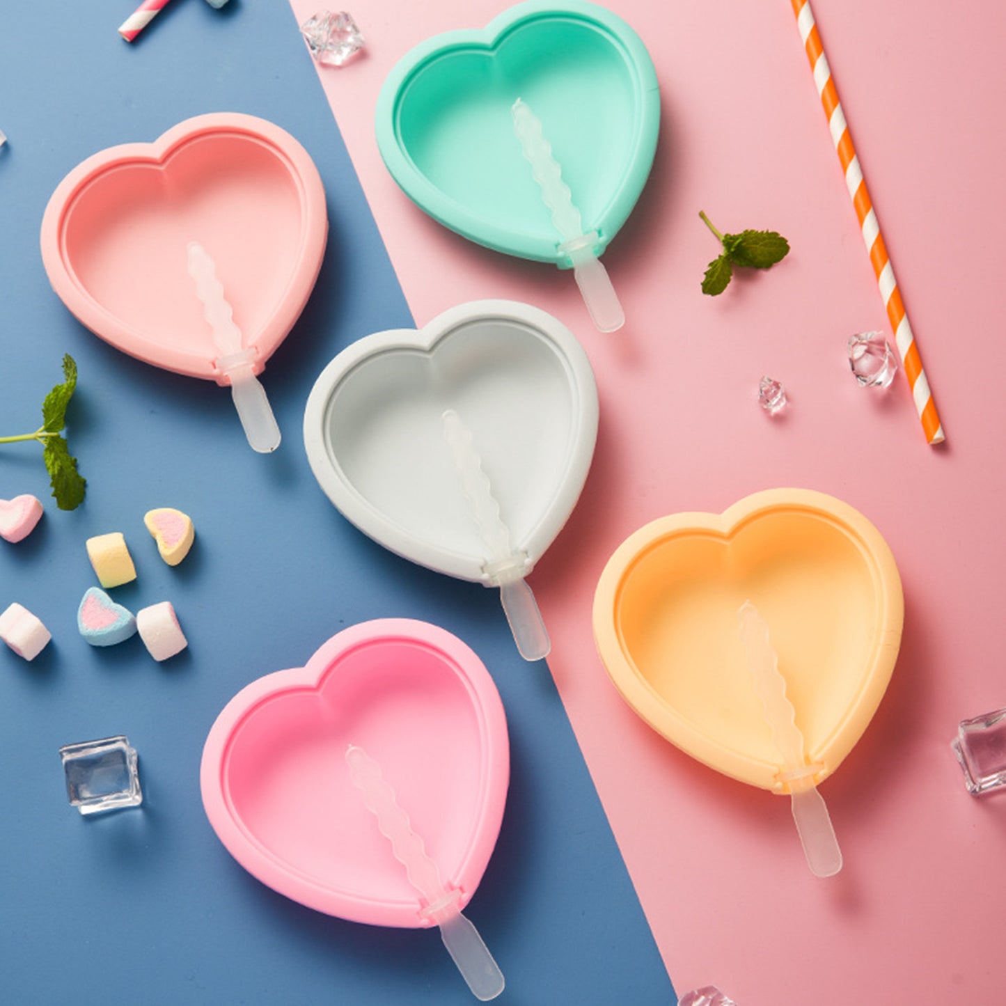 Heart & Striped Shaped Silicone Popsicles Molds (Set of 4)