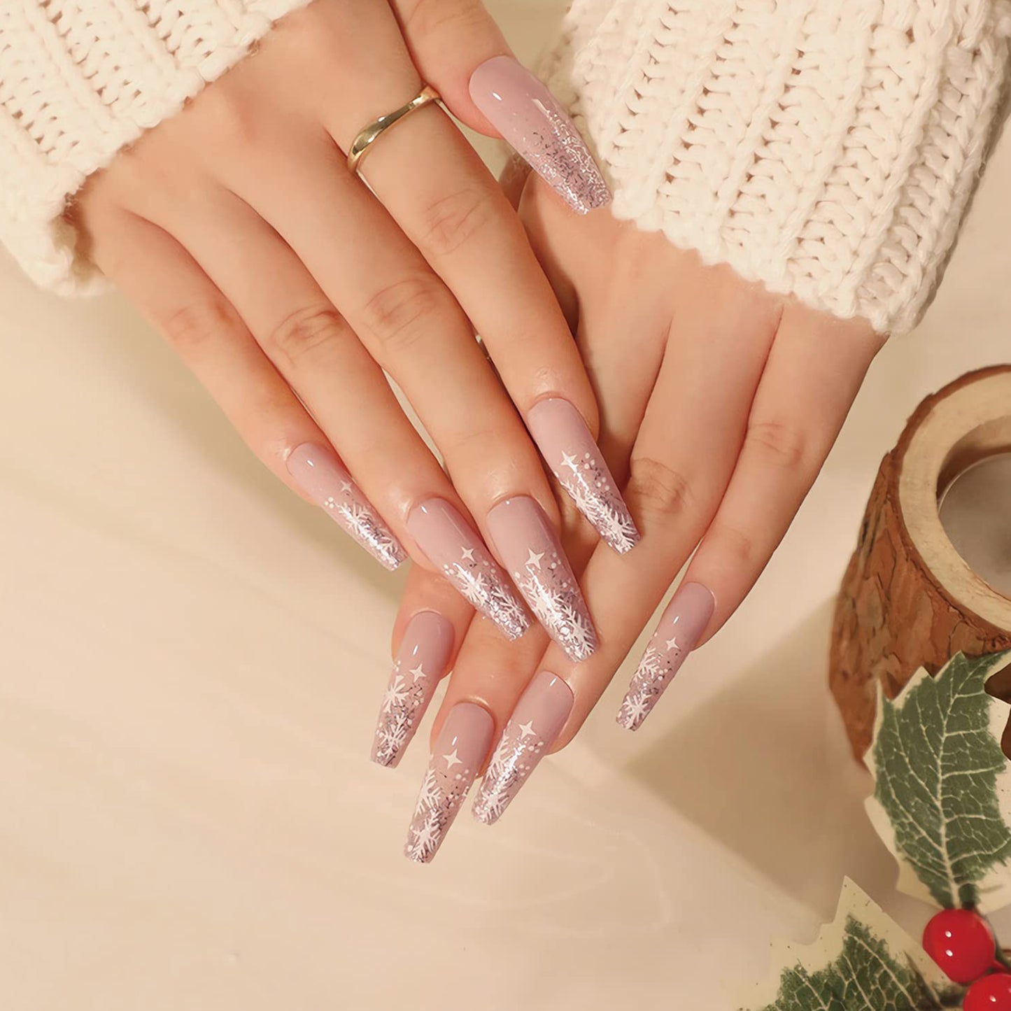 Sparkling Snowflake Long Coffin Press-on Nails