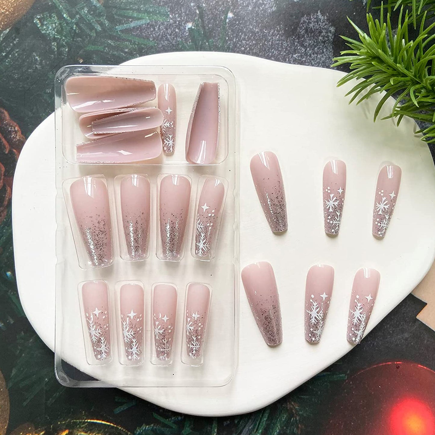 Sparkling Snowflake Long Coffin Press-on Nails